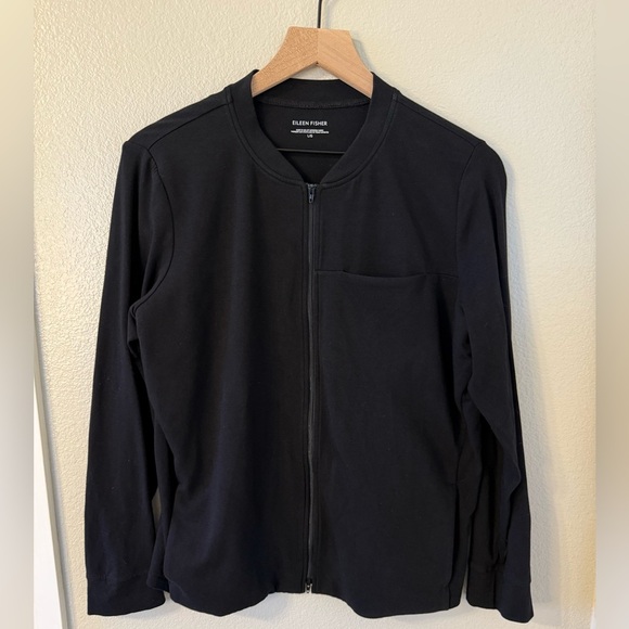 Eileen Fisher Jacket Black Two-Way Zipper Organic Cotton Jersey Stretch Large - Picture 1 of 6